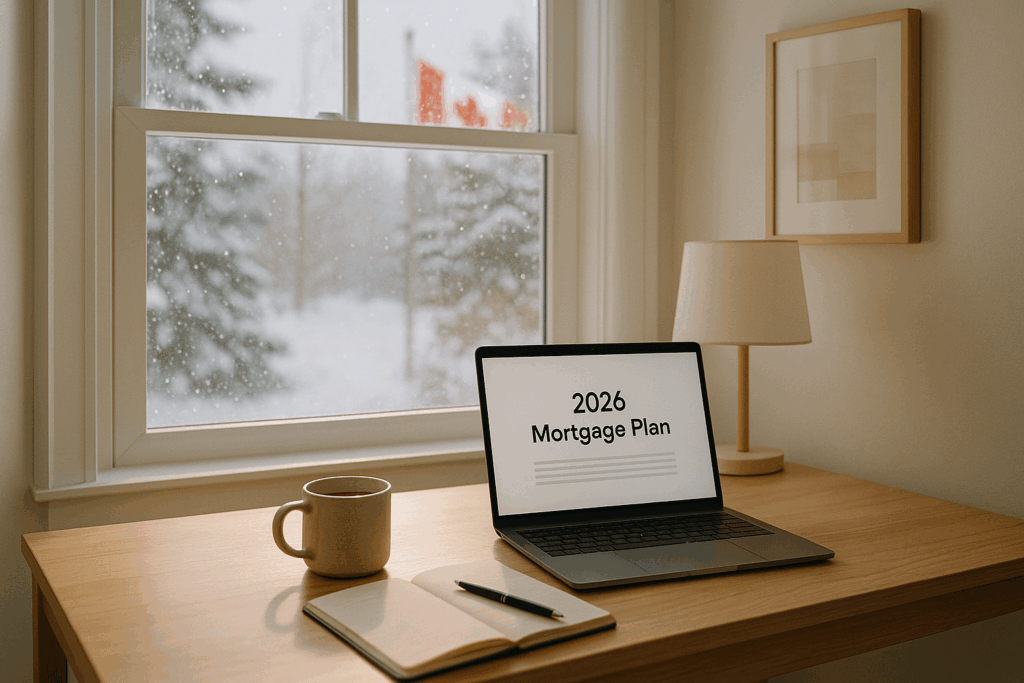 A Canadian homeowner reviewing their 2026 mortgage outlook and financial plan at a winter home office.