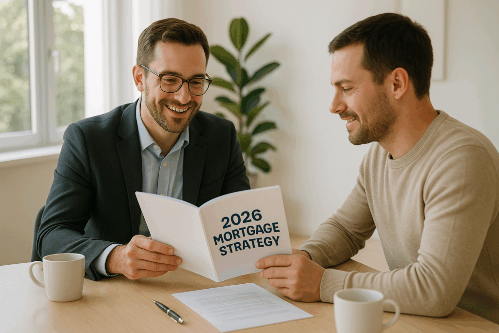 Mortgage professional meeting with a homeowner to plan their 2026 mortgage strategy and financial goals.