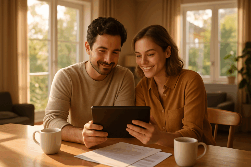 Homeowners reviewing their home equity growth and mortgage strategy for 2026 in a bright living room.